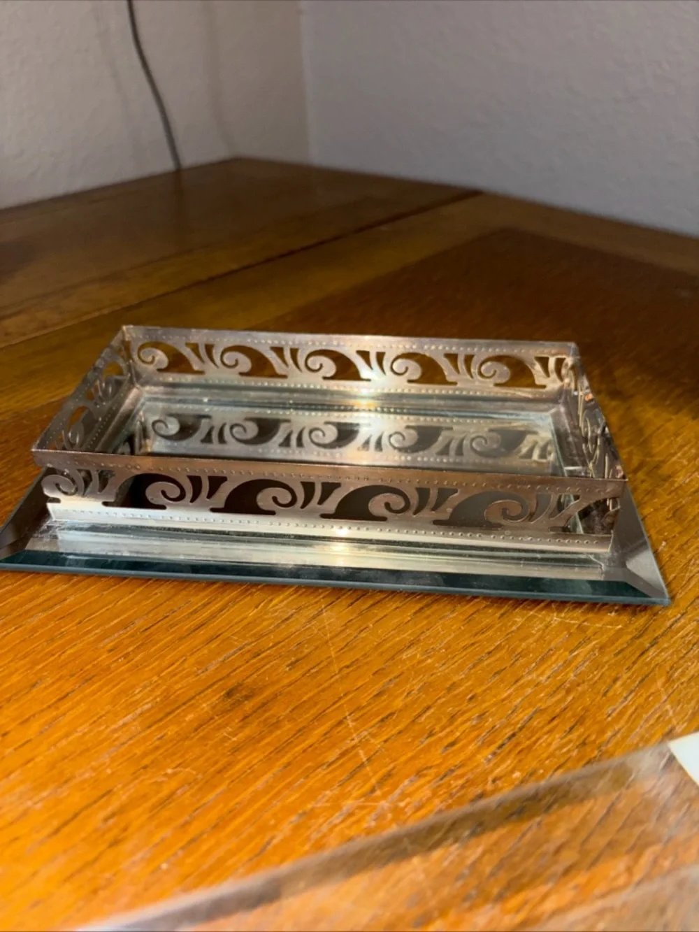 VINTAGE Studio Silversmith Mirrored w/Crystal Rose Handle Beveled Glass Box